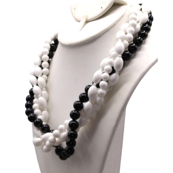 Black and White Torsade Necklace, 4 Strand Plastic Beads, Unique Coordinating - Picture 2 of 3